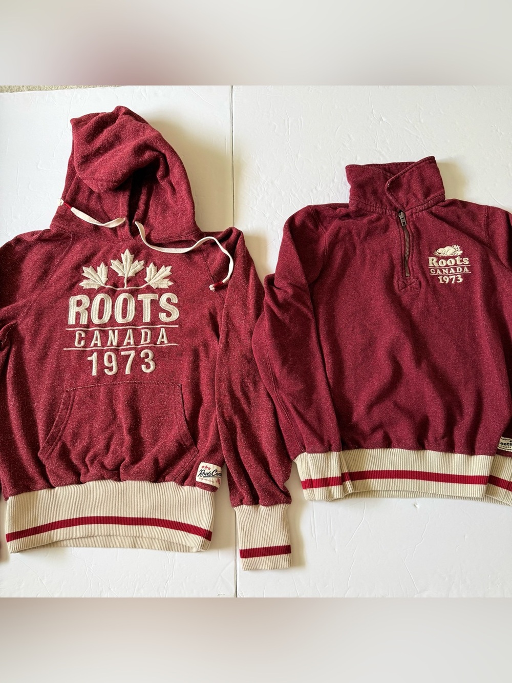 Lot Of 2 Roots Canada Quarter Zip Sweatshirt And Hoodie Women's Sz S Burgundy